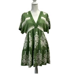 Newin Dress Womens Medium Green Floral Boho Chic V Neck Kimono Sleeve Ruffle79